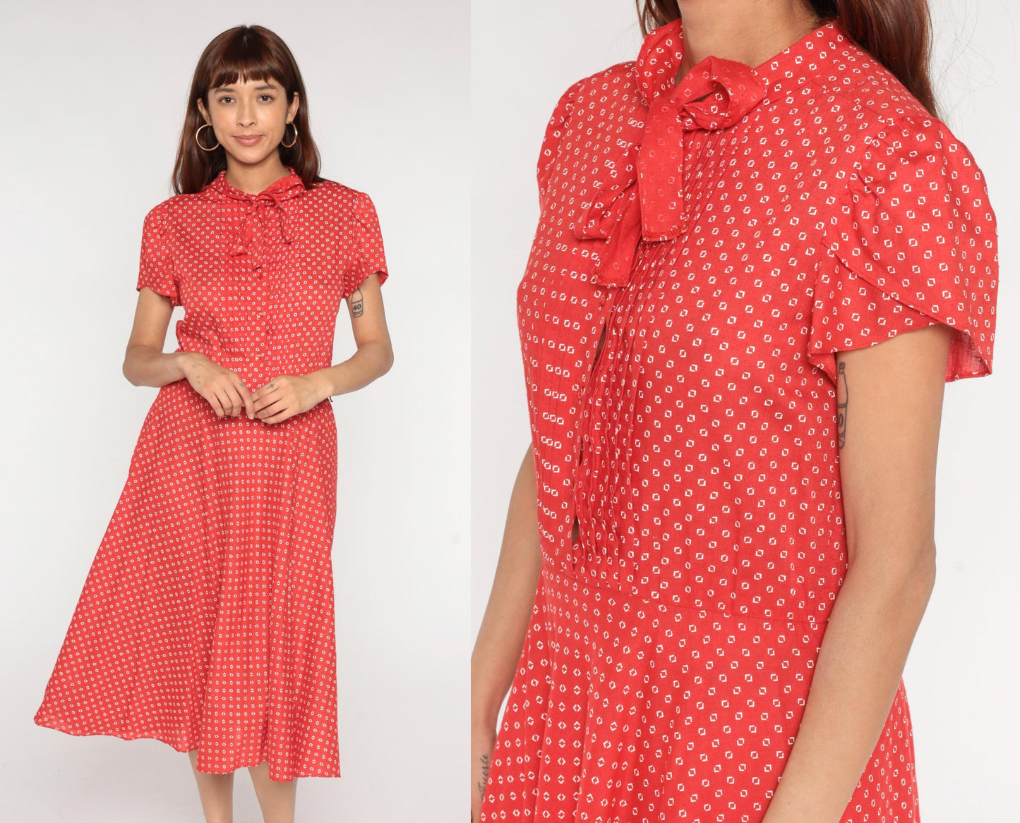 1970s Robbie Bee Red Geometric Diamond Print Midi Dress Bow Tie Medium
