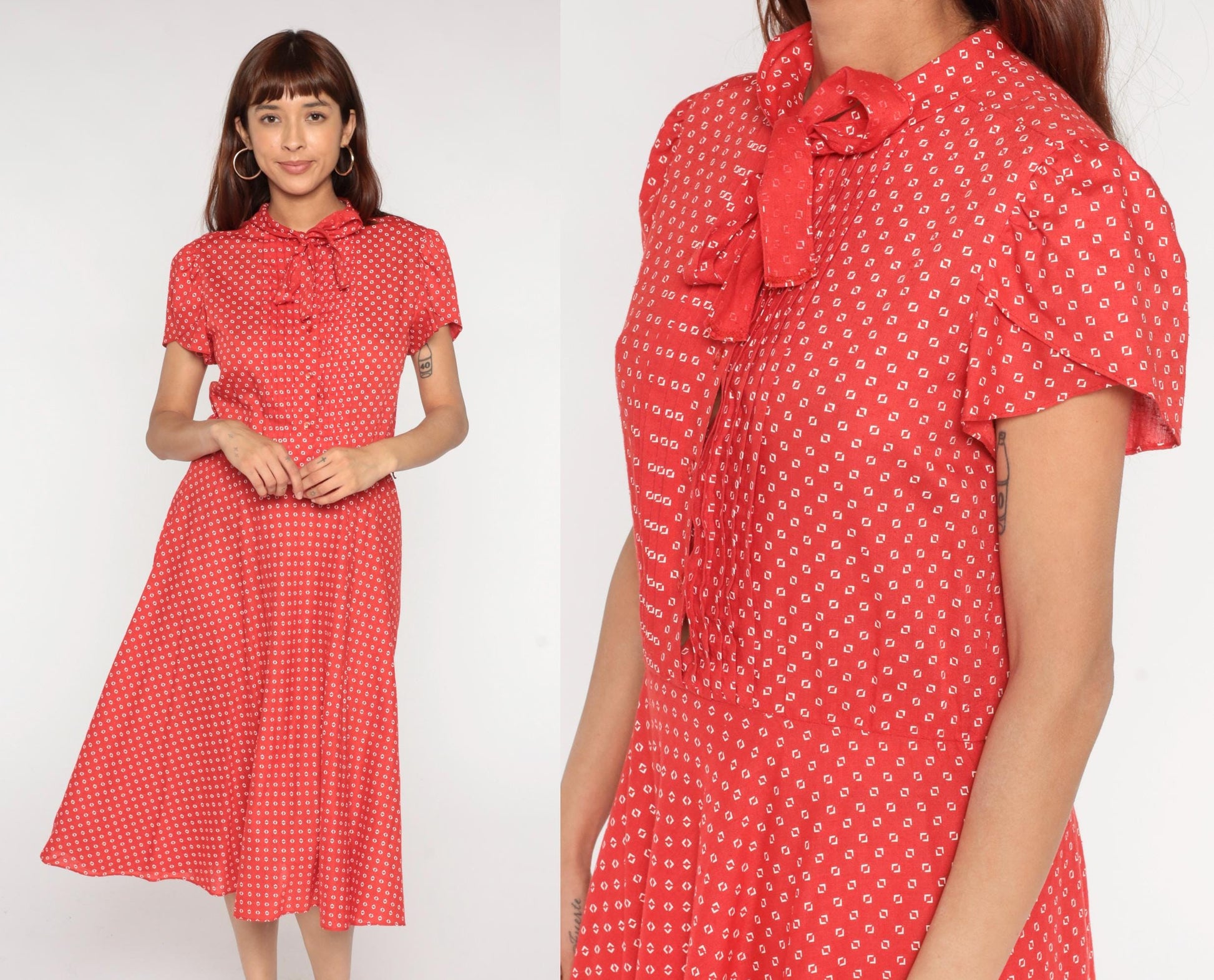 1970s Robbie Bee Red Geometric Diamond Print Midi Dress Bow Tie Medium