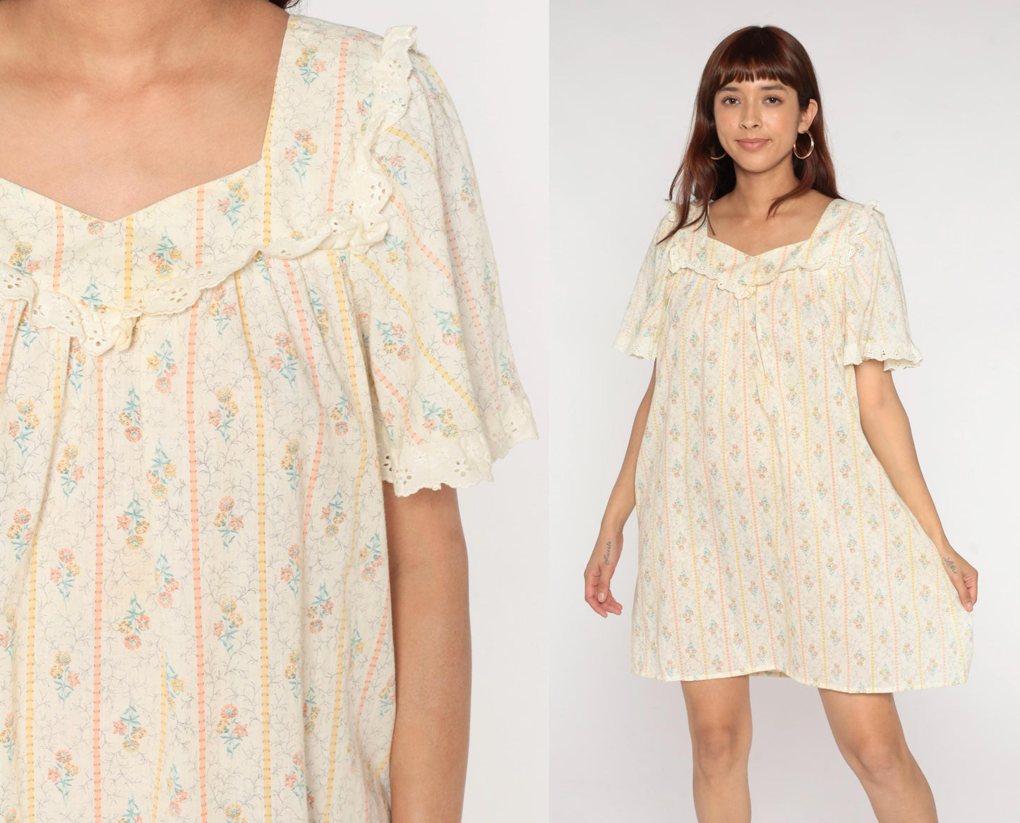 70s Kamehameha Hawaiian Mini Dress Cream Floral Empire Waist Eyelet Ruffle Large