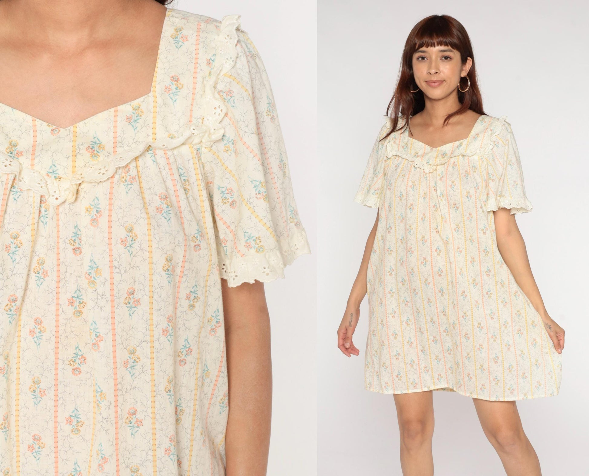 70s Kamehameha Hawaiian Mini Dress Cream Floral Empire Waist Eyelet Ruffle Large