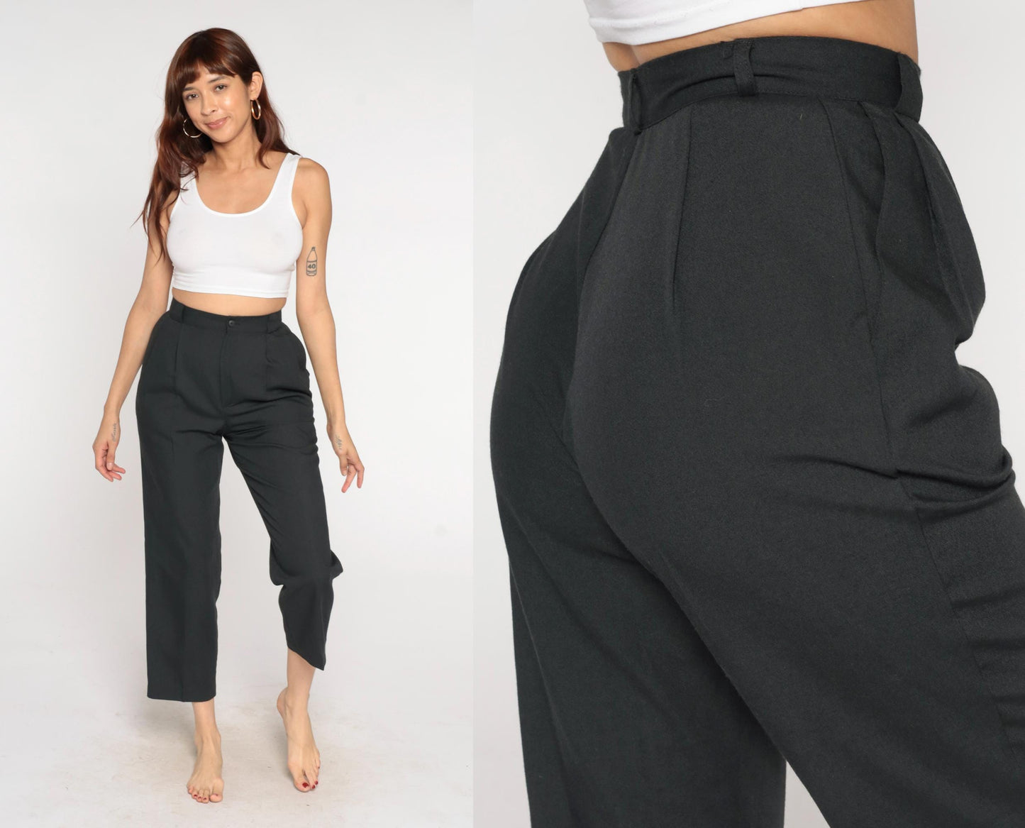 80s Black Pleated High-Waist Tapered Trousers Cropped Leg Small