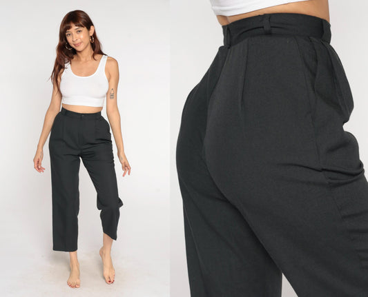80s Black Pleated High-Waist Tapered Trousers Cropped Leg Small