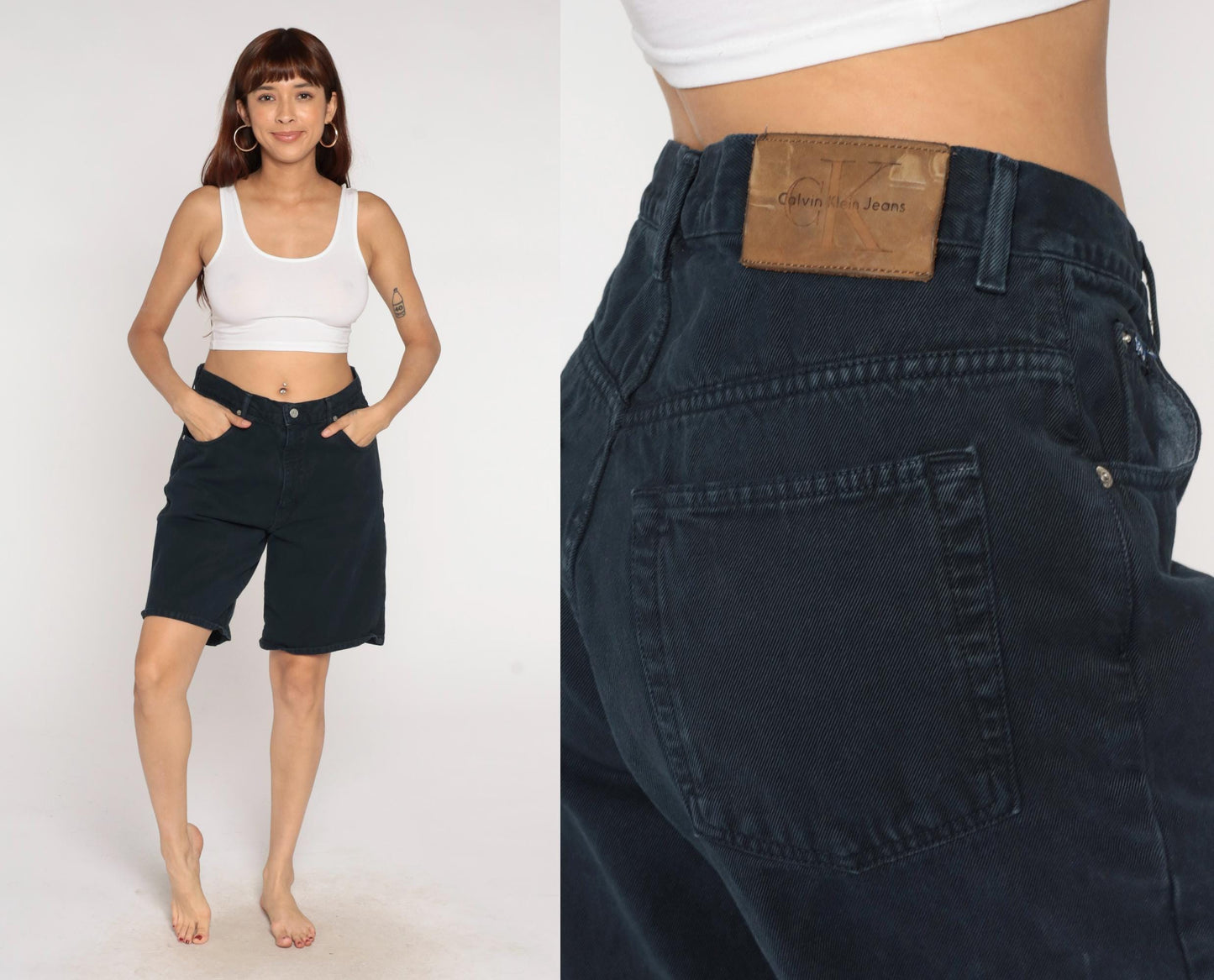 90s Calvin Klein Black Denim Bermuda Shorts High Waisted Button Fly Medium