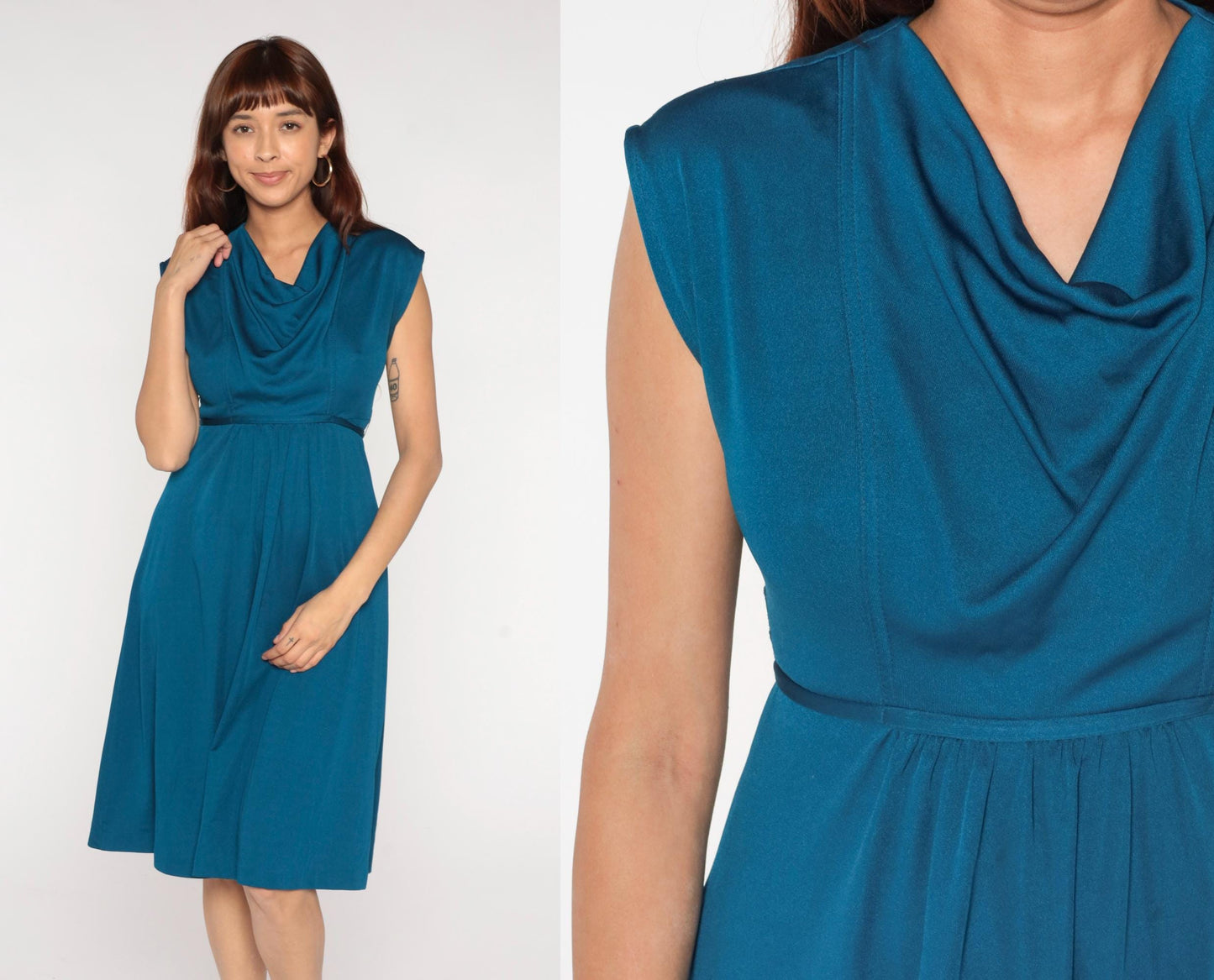 70s Teal Cowl Neck Midi Dress Empire Waist A-line Sleeveless Small