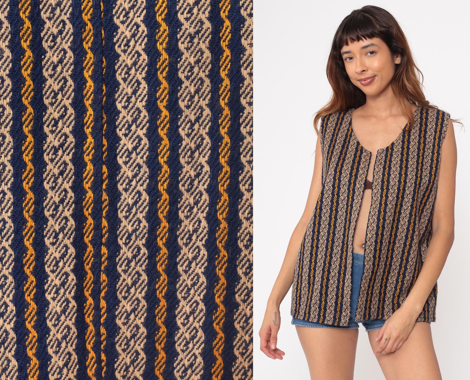 70s Geometric Woven Vest Navy Mustard Tan Stripe V-Neck Sleeveless Small Medium