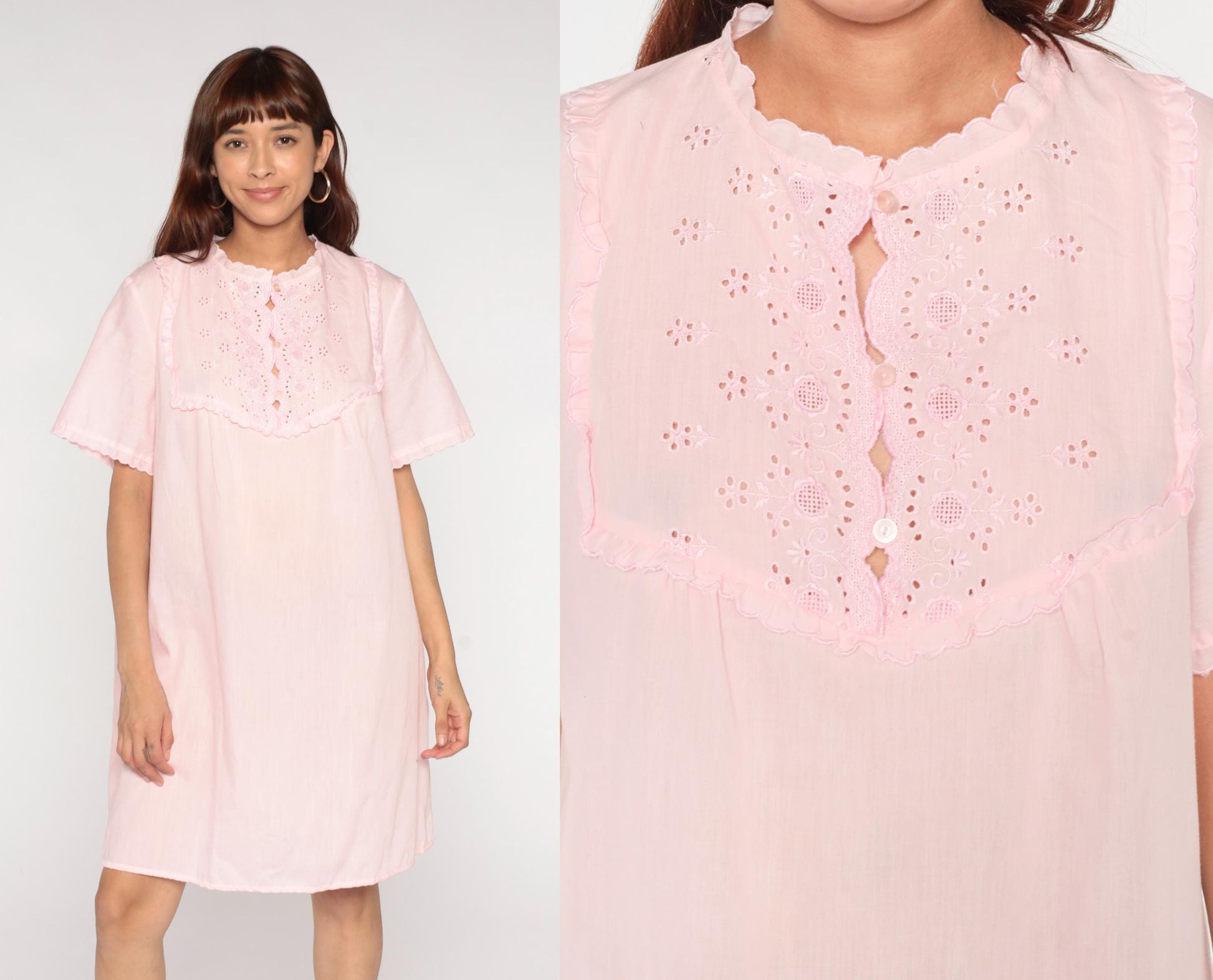 80s Miss Broadway Pink Eyelet Lace Nightgown Button Front Short Sleeve Large