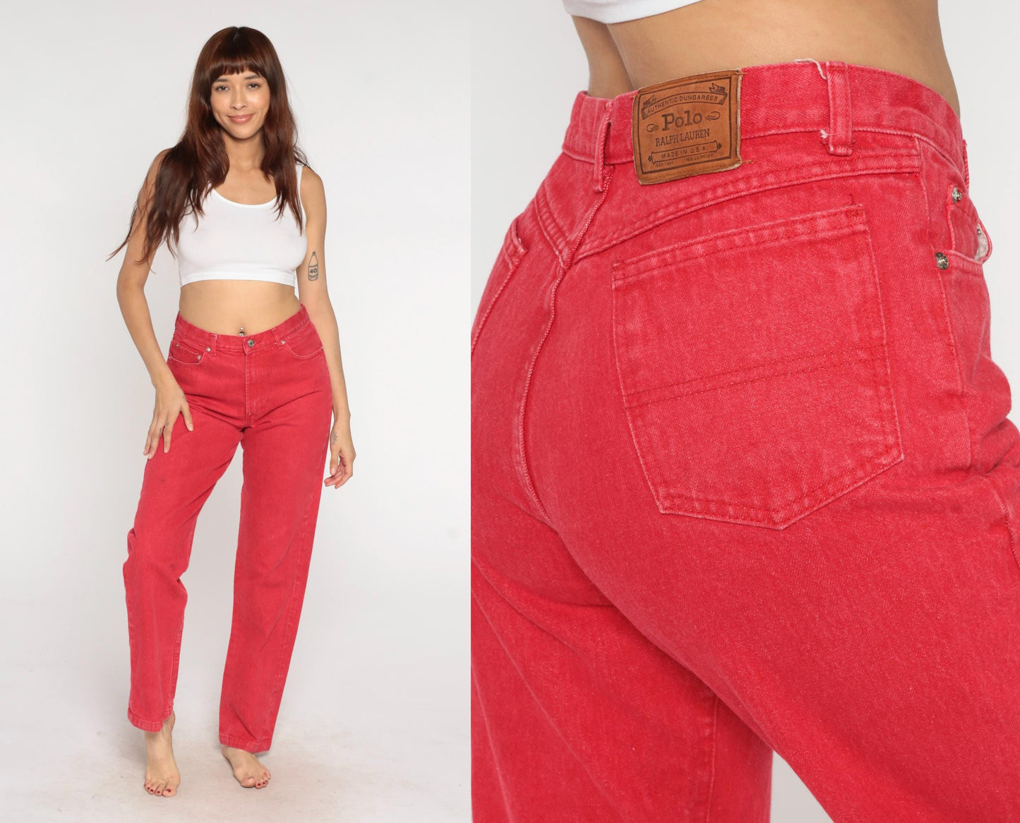 90s Polo Ralph Lauren Red Denim Jeans High Waist Straight Leg Large L