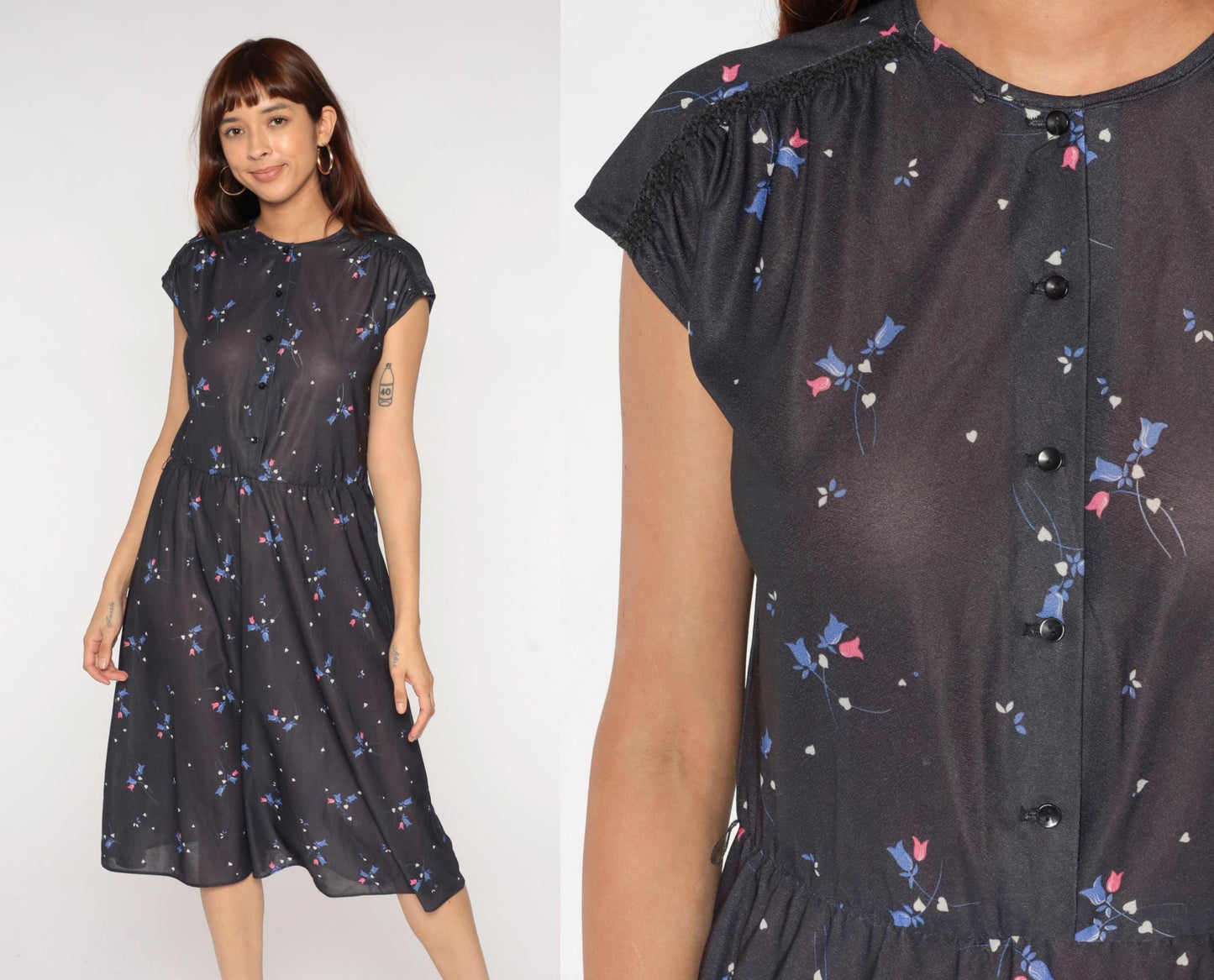 70s Grissom Lane Floral Midi Dress Black Button-Front Empire Waist Large