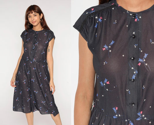 70s Grissom Lane Floral Midi Dress Black Button-Front Empire Waist Large