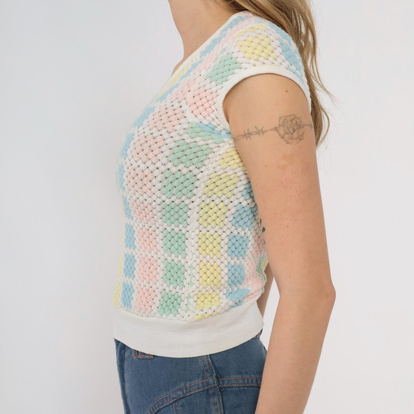 70s Pastel Checkered Mesh Crop Top V-Neck Cap Sleeve Pink Blue Yellow Mint Small