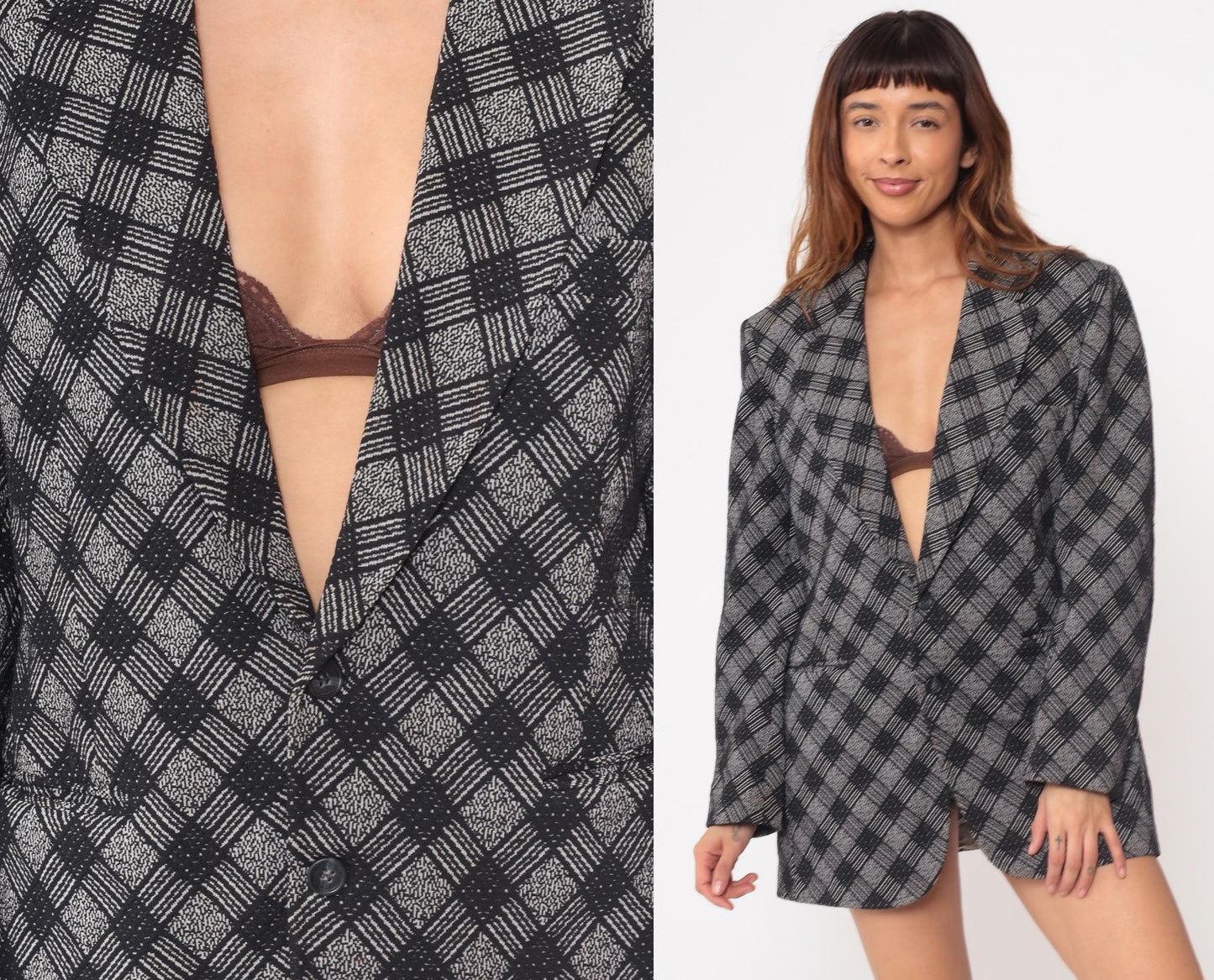 70s Black Gray Diagonal Plaid Blazer Notch Collar Button Front Medium