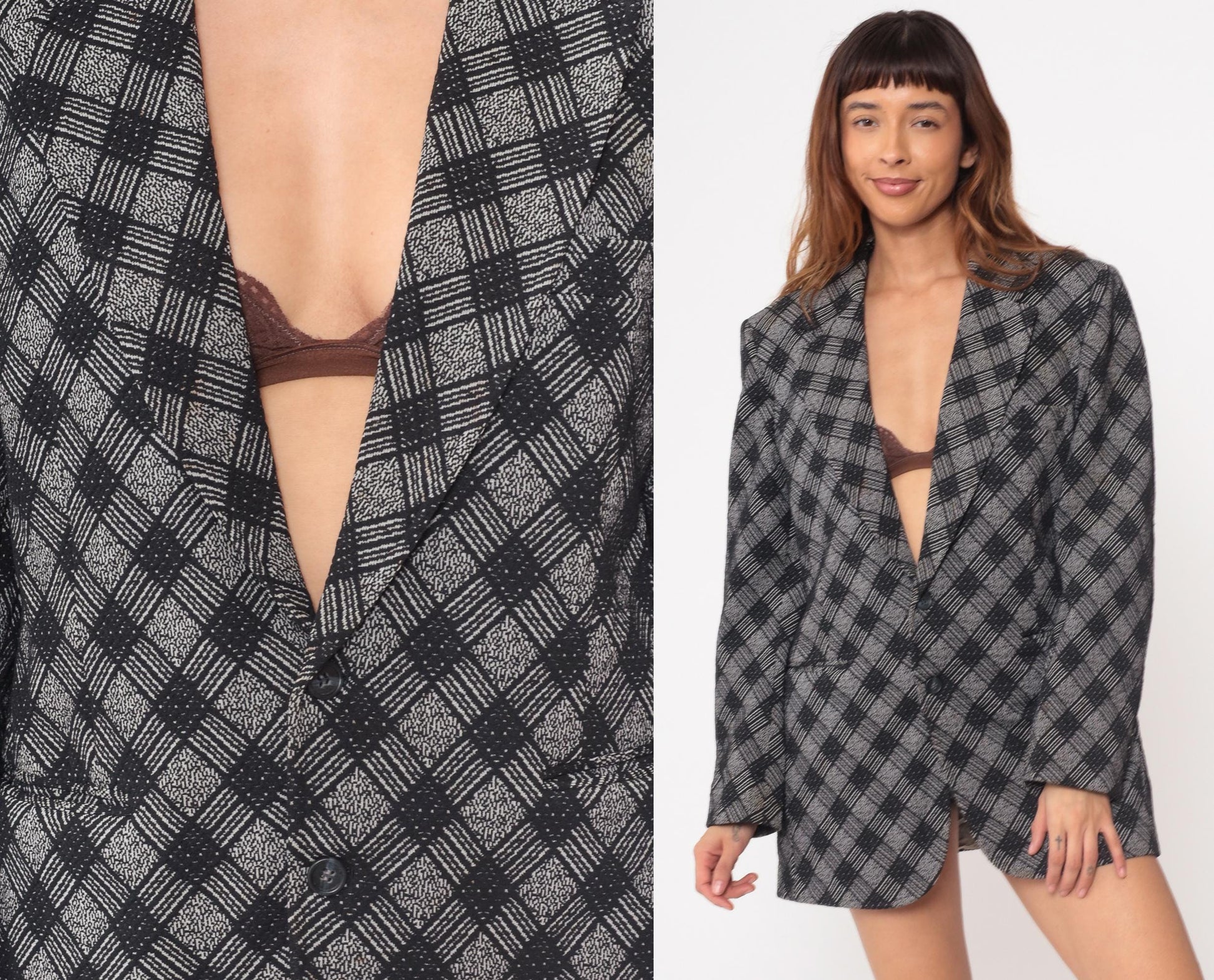 70s Black Gray Diagonal Plaid Blazer Notch Collar Button Front Medium