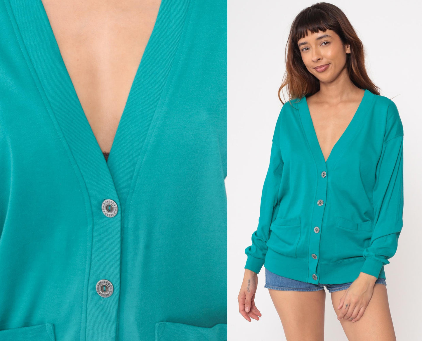 90s Teal Deep V-Neck Cardigan Cotton Blend Silver Buttons Pockets Small