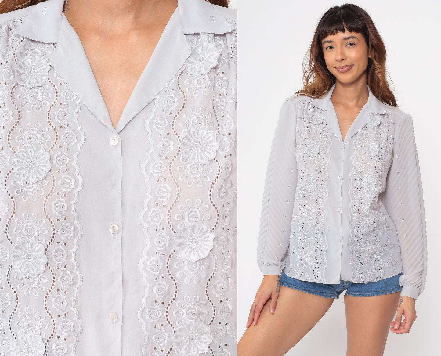 70s Diamonds of California Eyelet Blouse Grey Floral Cutout Long Sleeve Medium