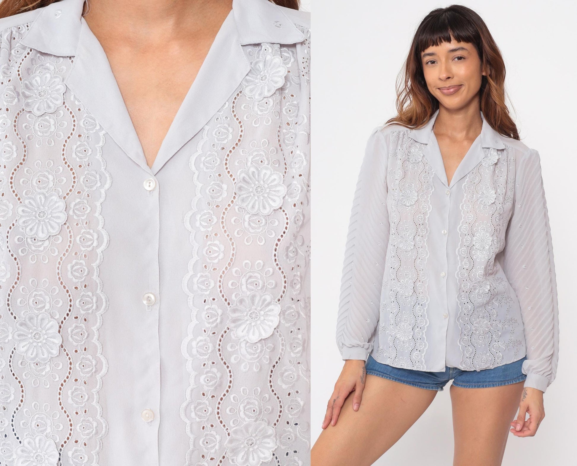 70s Diamonds of California Eyelet Blouse Grey Floral Cutout Long Sleeve Medium