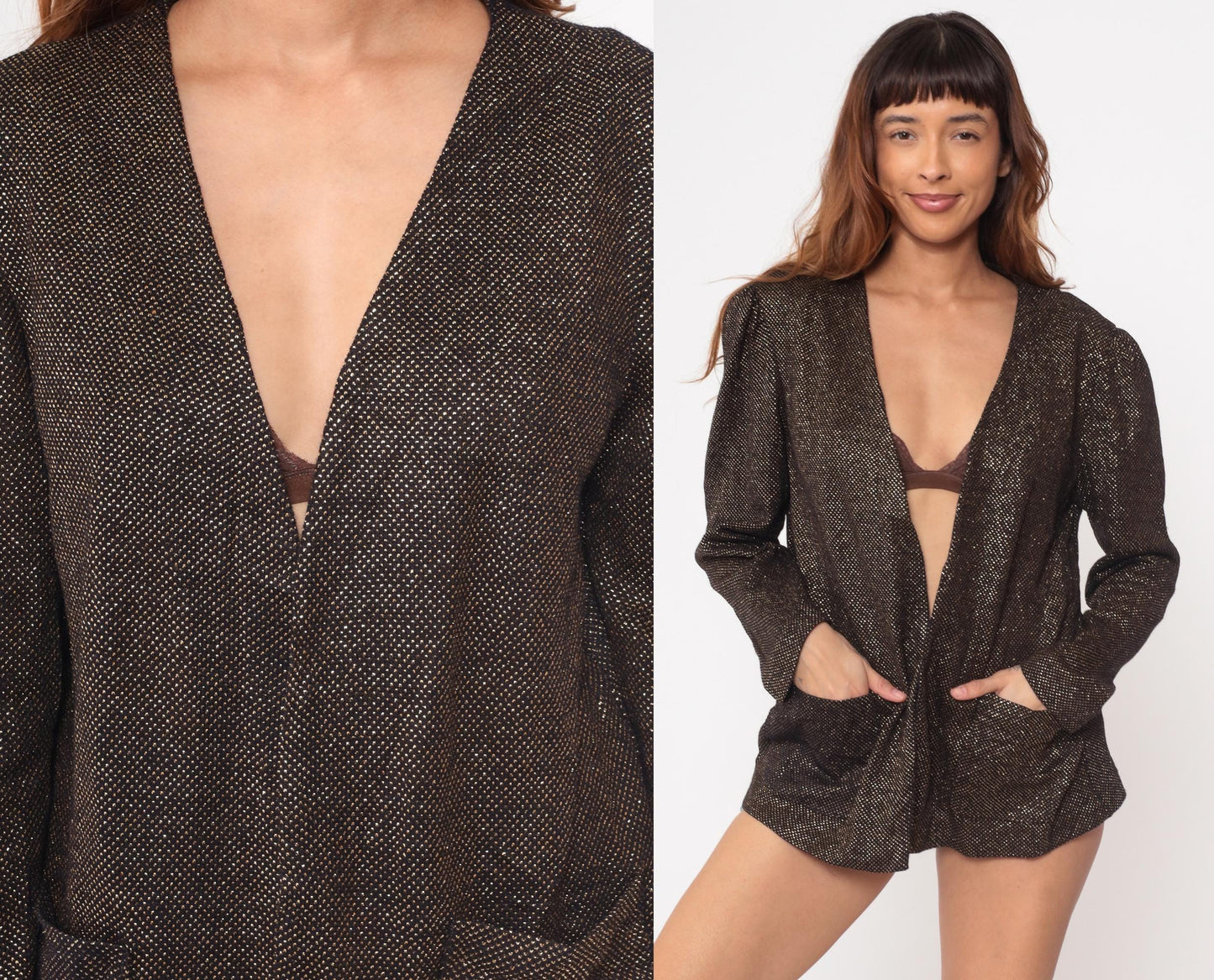80s Lady Devon Black Gold Metallic Blazer V-Neck Open Front Medium