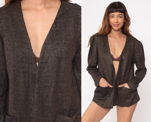 80s Lady Devon Black Gold Metallic Blazer V-Neck Open Front Medium