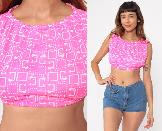 60s Pink Geometric Mod Crop Top Sleeveless Blouse White Print Extra Small XS