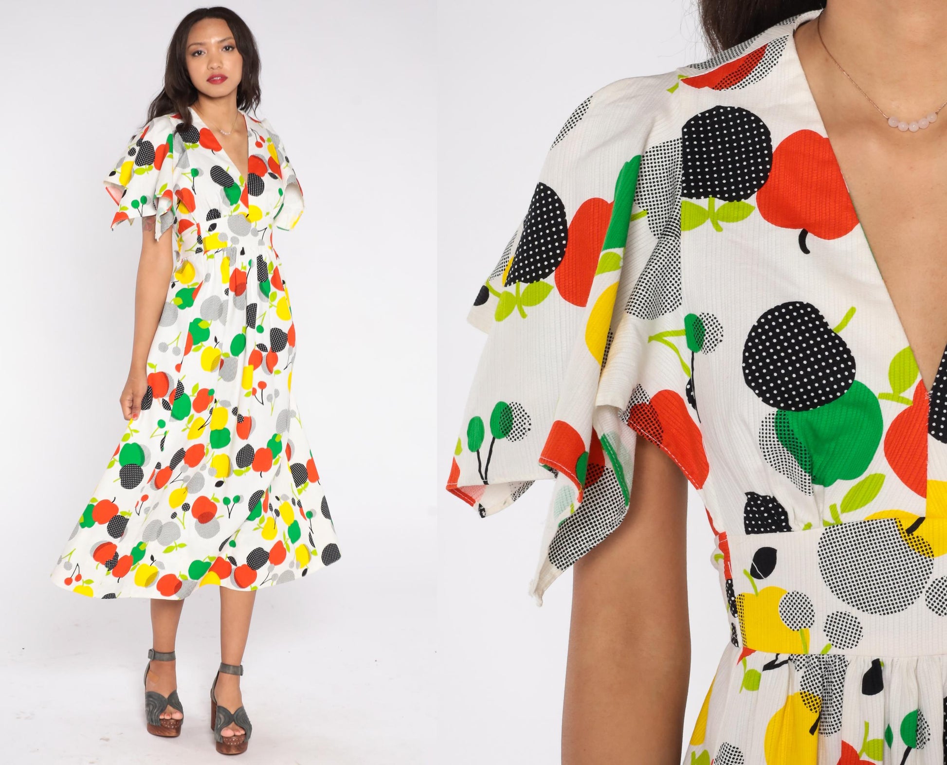 70s Apple Fruit Print Cotton Sundress Flutter Sleeve V-Neck White Medium