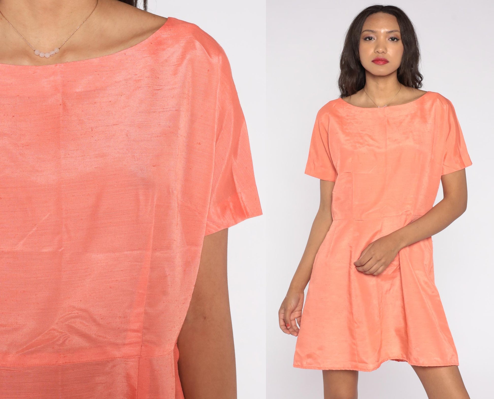 50s Coral Peach Boat Neck Midi A-Line Dress Short Sleeve Medium M