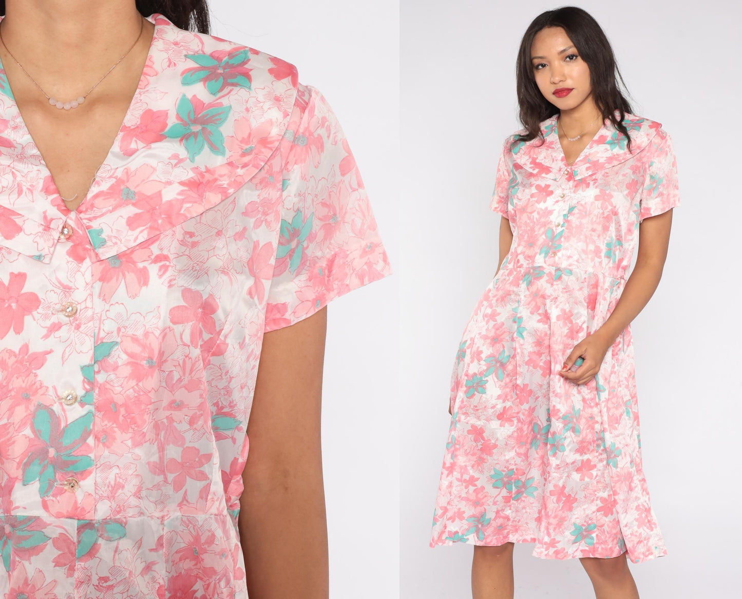 60s Mode O Day Floral Shirt Dress Pink Mint Midi Large L