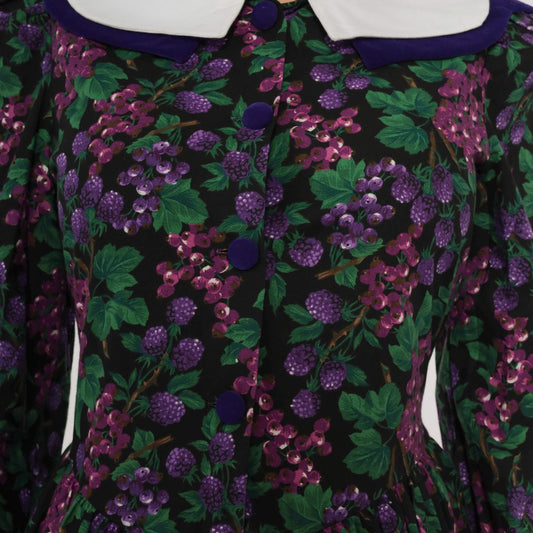 80s Bonnie Jean Purple Grape Print Dress Peter Pan Collar Extra Small XS