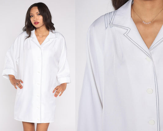 70s Mendel of Dallas White Shirt Dress Black Contrast Stitching Three Quarter Sleeve Extra Large XXL