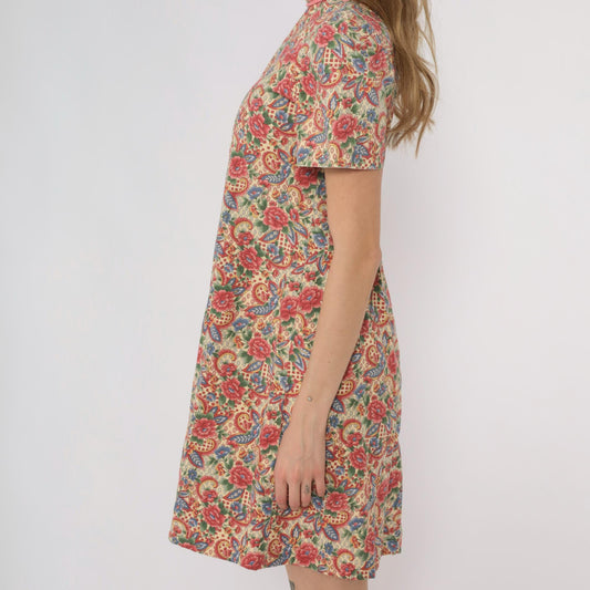 70s Floral Paisley Print Mock Neck Midi Dress A-Line Cotton Extra Small XS