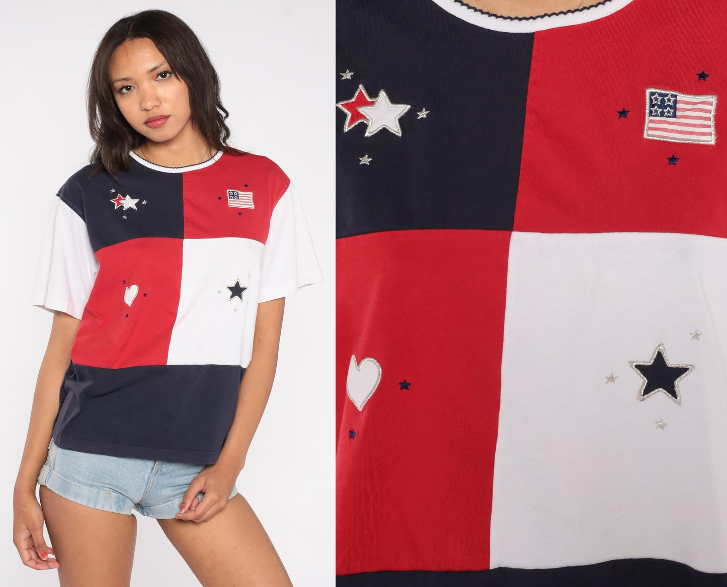 90s Studio Works American Flag Colorblock T-Shirt Red White Navy Large L