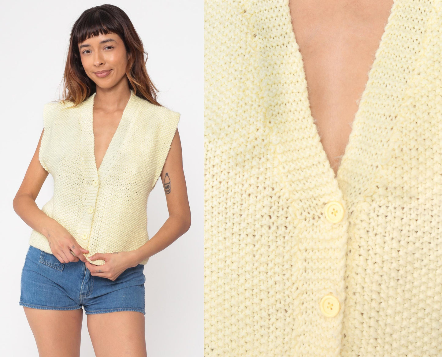 80s Yellow Sweater Vest Button-Up Deep V-Neck Sleeveless Knit Small