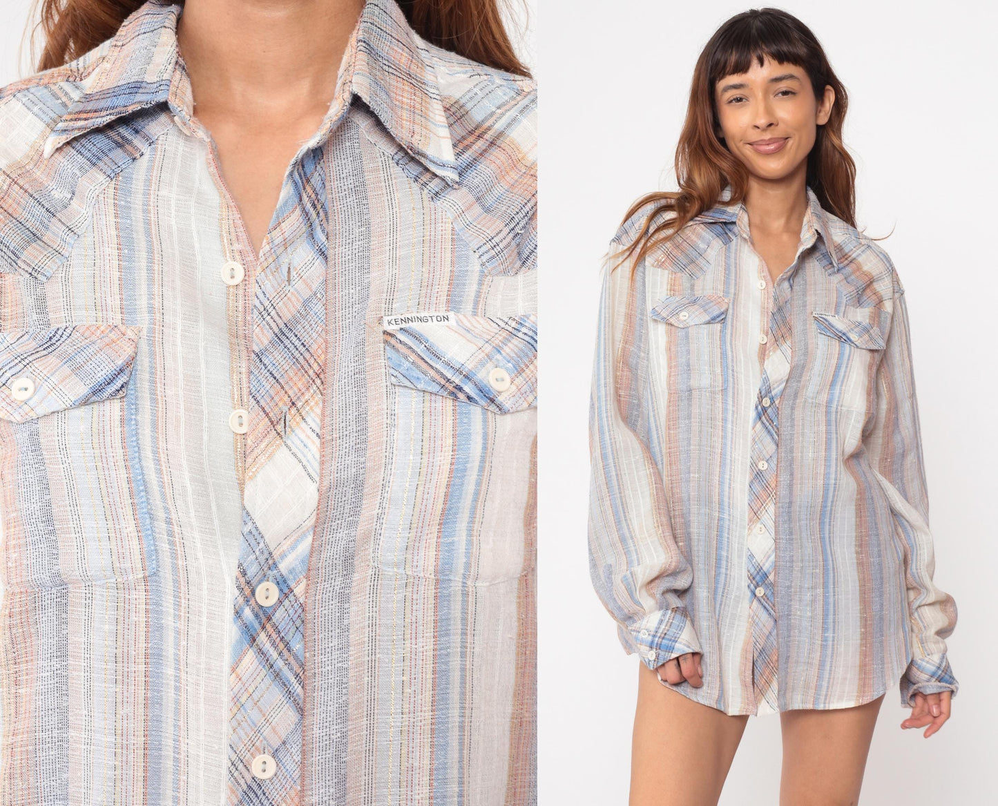 70s Kennington Western Shirt Pearl Snap Plaid Blue Peach Cotton Extra Large XL