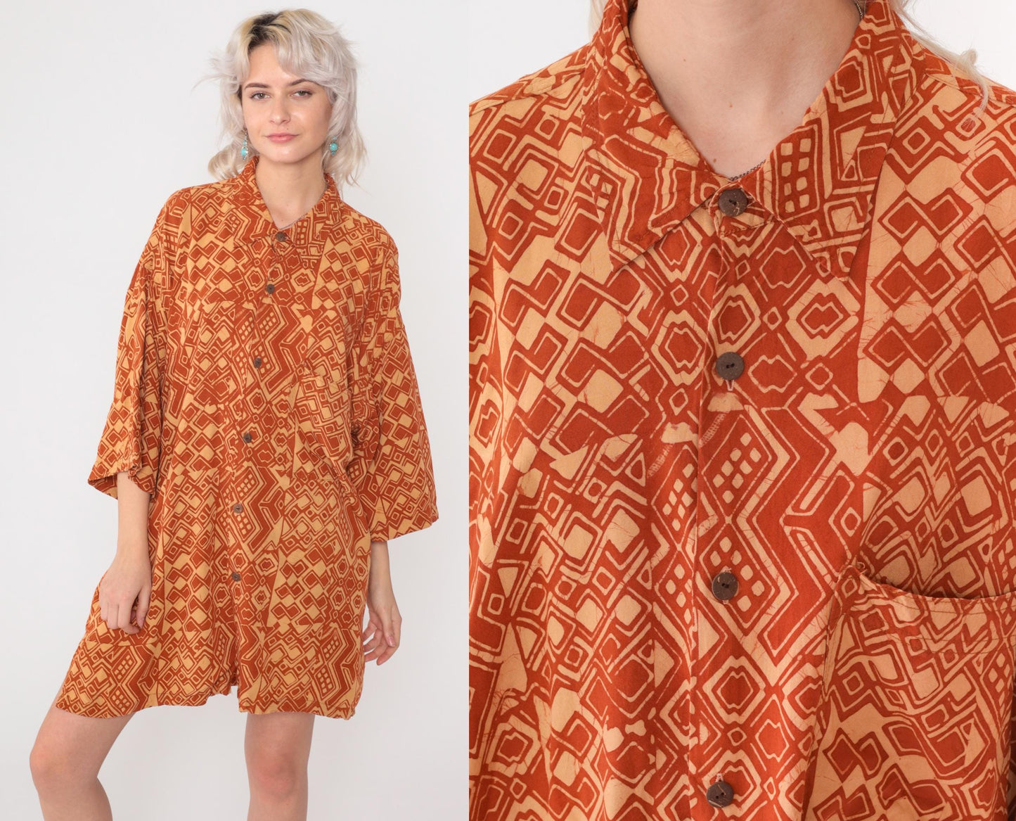 90s Noa Noa Hawaiian Shirt Dress Orange Rayon Tapa Print Midi XL