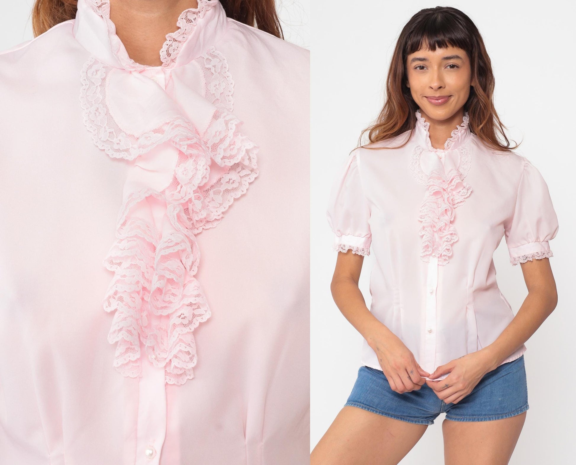 80s Pink Ruffle Lace Blouse Puff Sleeve Button Up Small