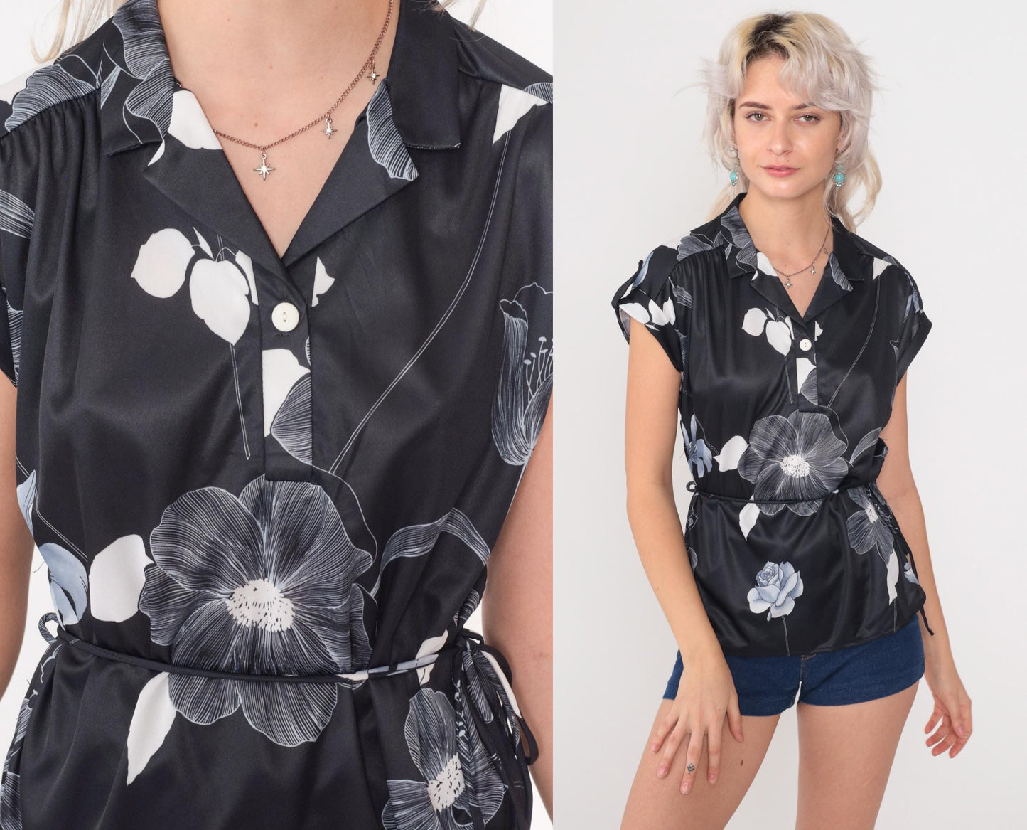 80s Black Floral Satin Blouse V-Neck Tie Waist Button Down Medium