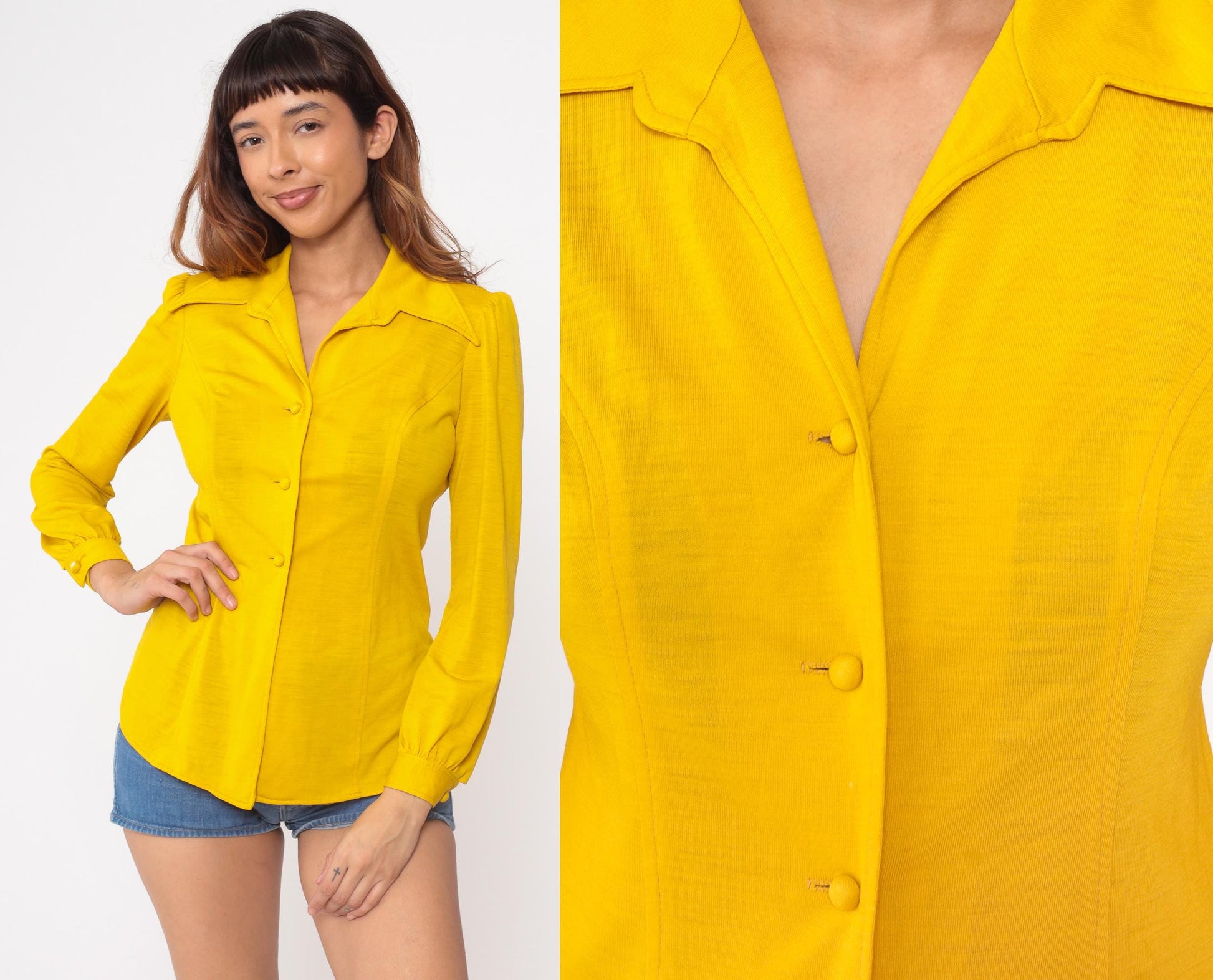 70s Mustard Yellow Button-Up Blouse Pointed Collar Long Sleeve Small S