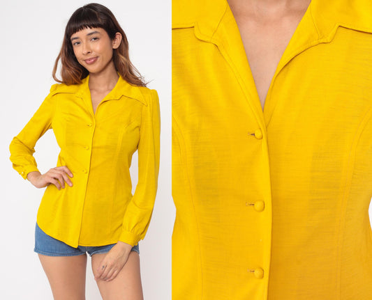 70s Mustard Yellow Button-Up Blouse Pointed Collar Long Sleeve Small S