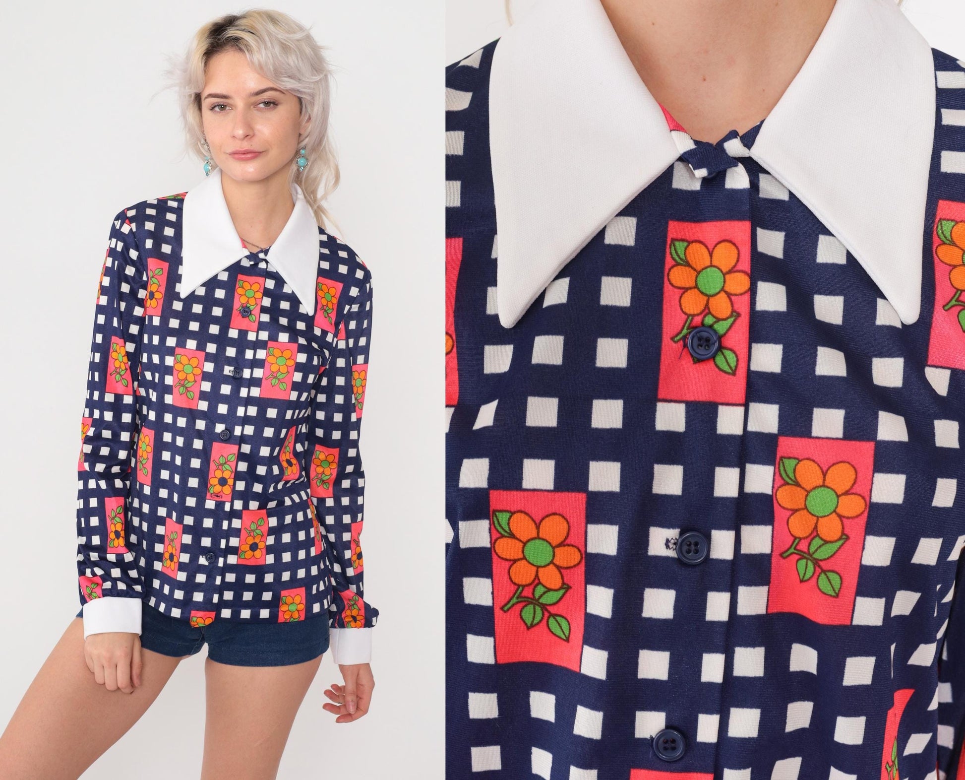 70s Navy Gingham Daisy Print Button-Down Blouse White Collar Small S