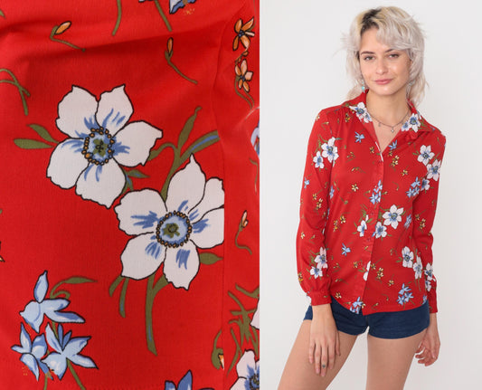70s Red Floral Polyester Button-Up Blouse White Blue Poppy Print Small