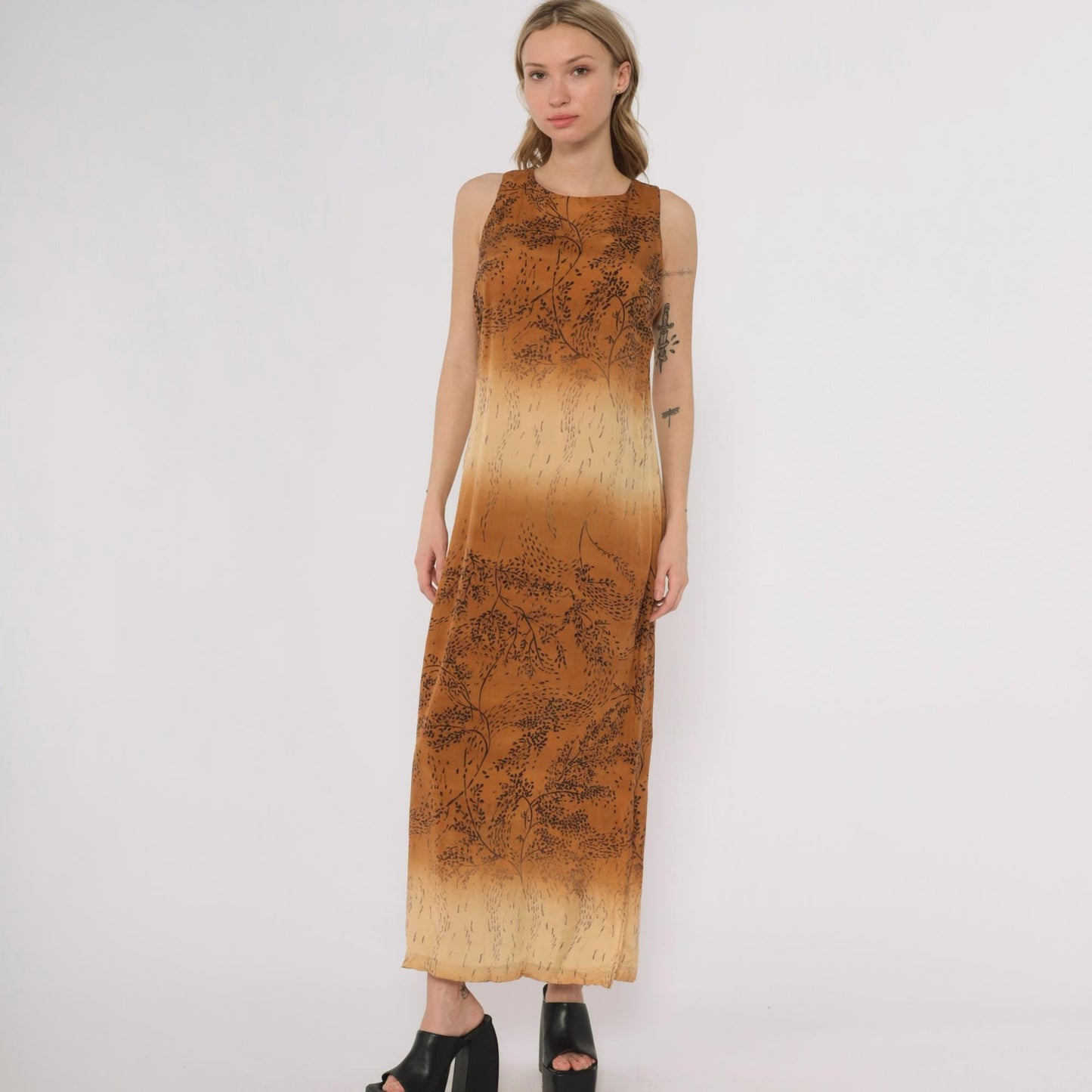 90s Karin Stevens Ombre Maxi Dress Brown Tan Botanical Sleeveless Medium M