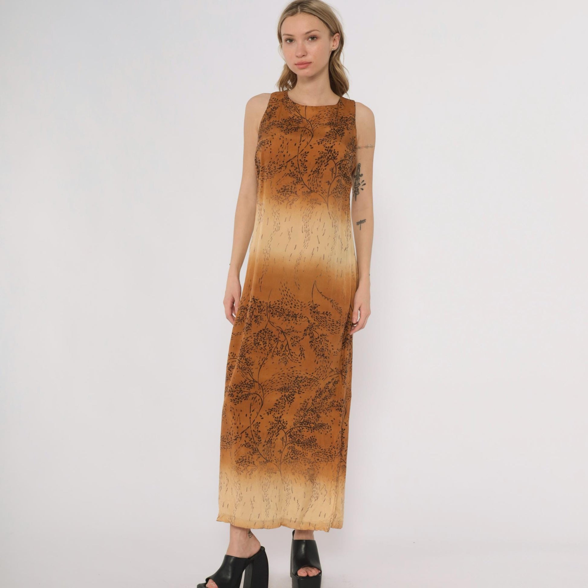 90s Karin Stevens Ombre Maxi Dress Brown Tan Botanical Sleeveless Medium M