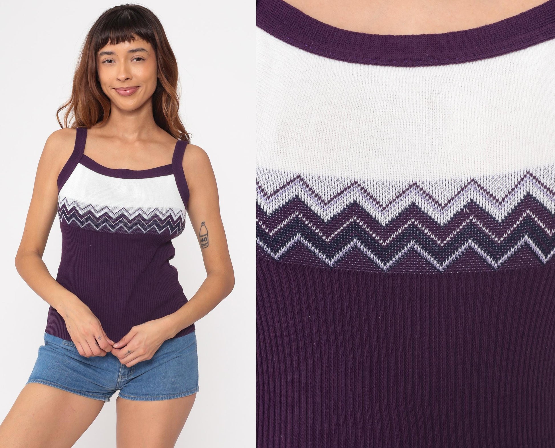 90s No Boundaries Chevron Tank Top Purple White Ribbed Small
