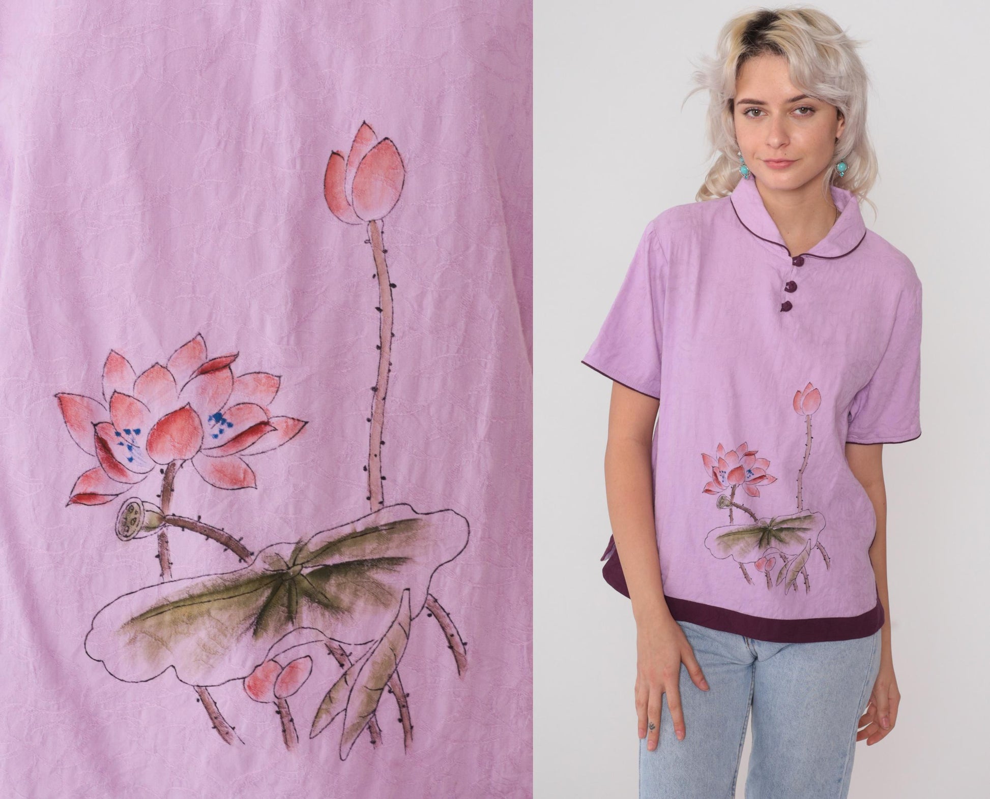 Y2K Lotus Flower Silk Henley Top Lavender Purple Piping Short Sleeve Large L