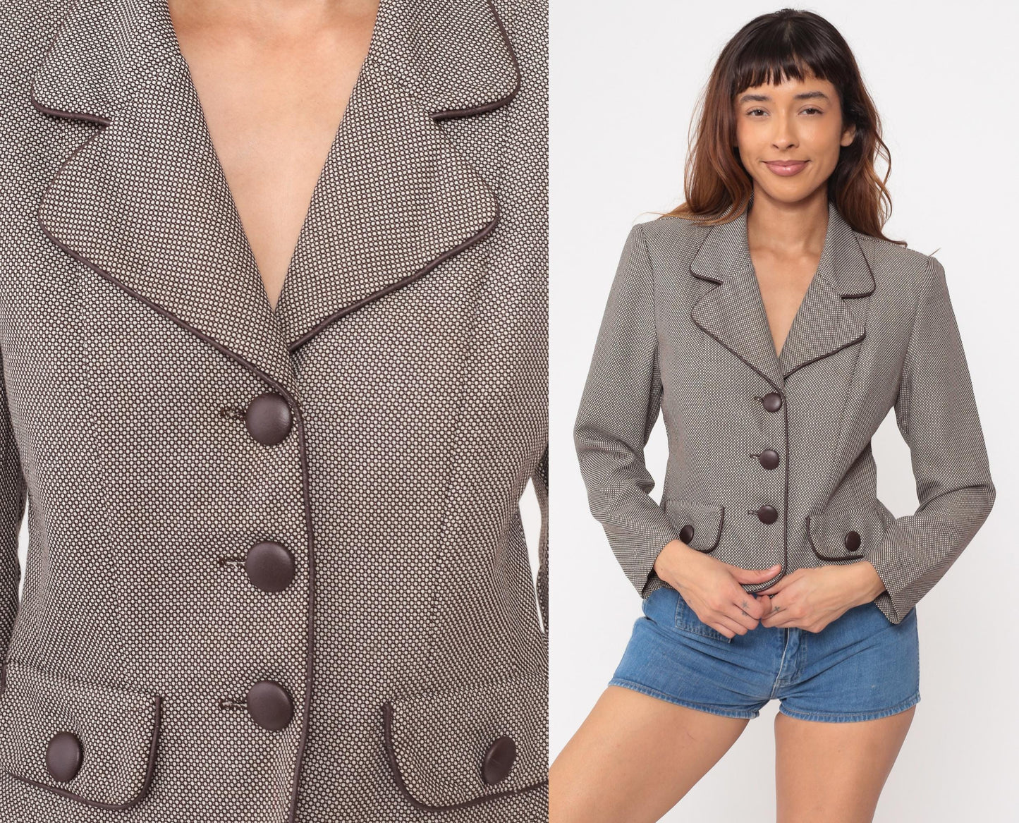 80s Dani Max Petite Cropped Blazer Taupe Brown Micro Check Small S