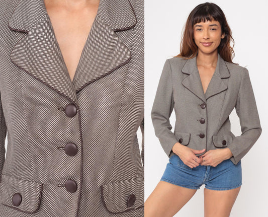 80s Dani Max Petite Cropped Blazer Taupe Brown Micro Check Small S