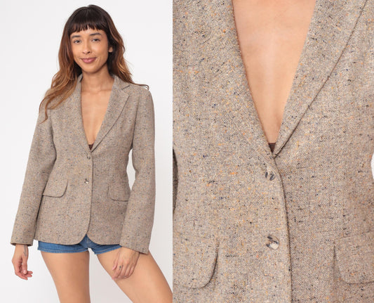 80s Tweed Blazer Oatmeal Beige Wool Blend Two-Button Tailored Jacket Small