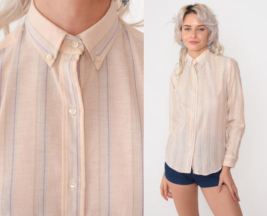 80s Mr Witt Striped Button Down Oxford Shirt Cream Lavender Blue Small S