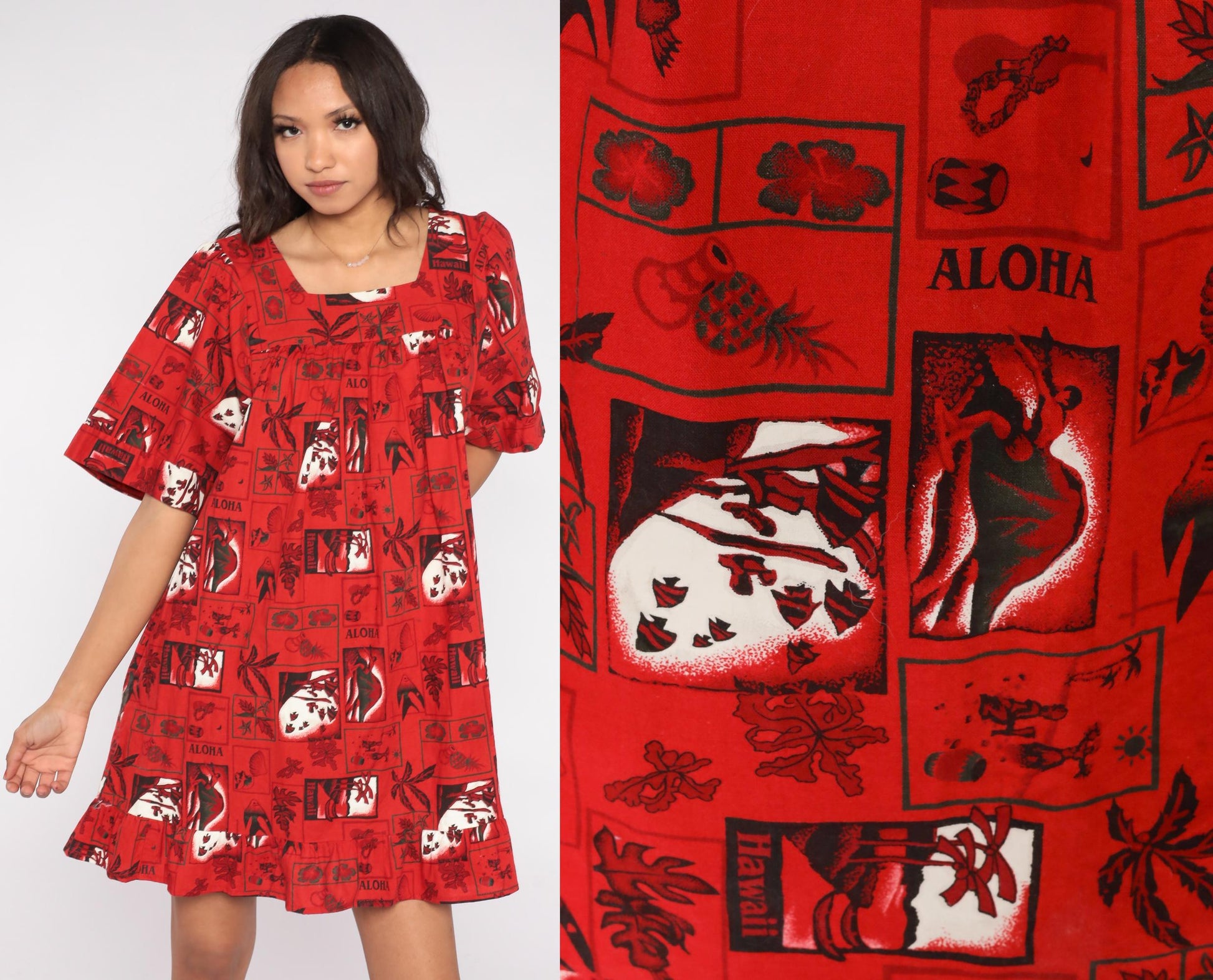 80s Hawaiian Cotton Mini Dress Pineapple Aloha Block Print Red Extra Large