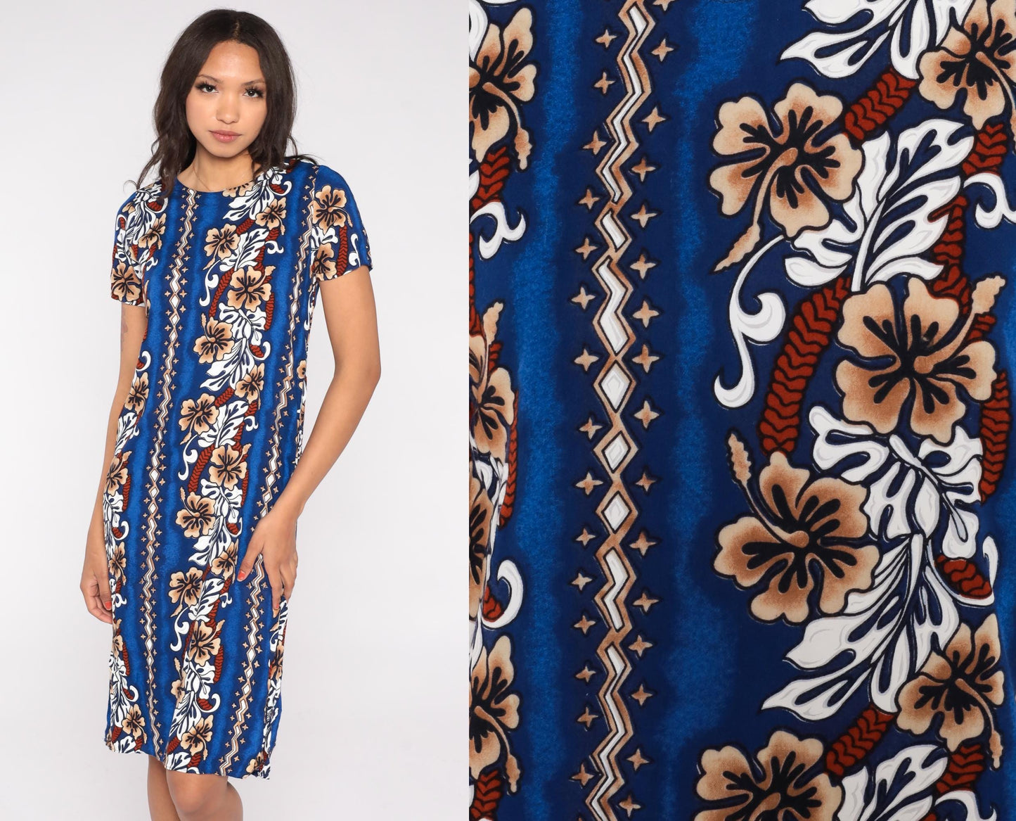 90s Blue Hawaiian Midi Dress Hibiscus Floral Stripe Rayon Small