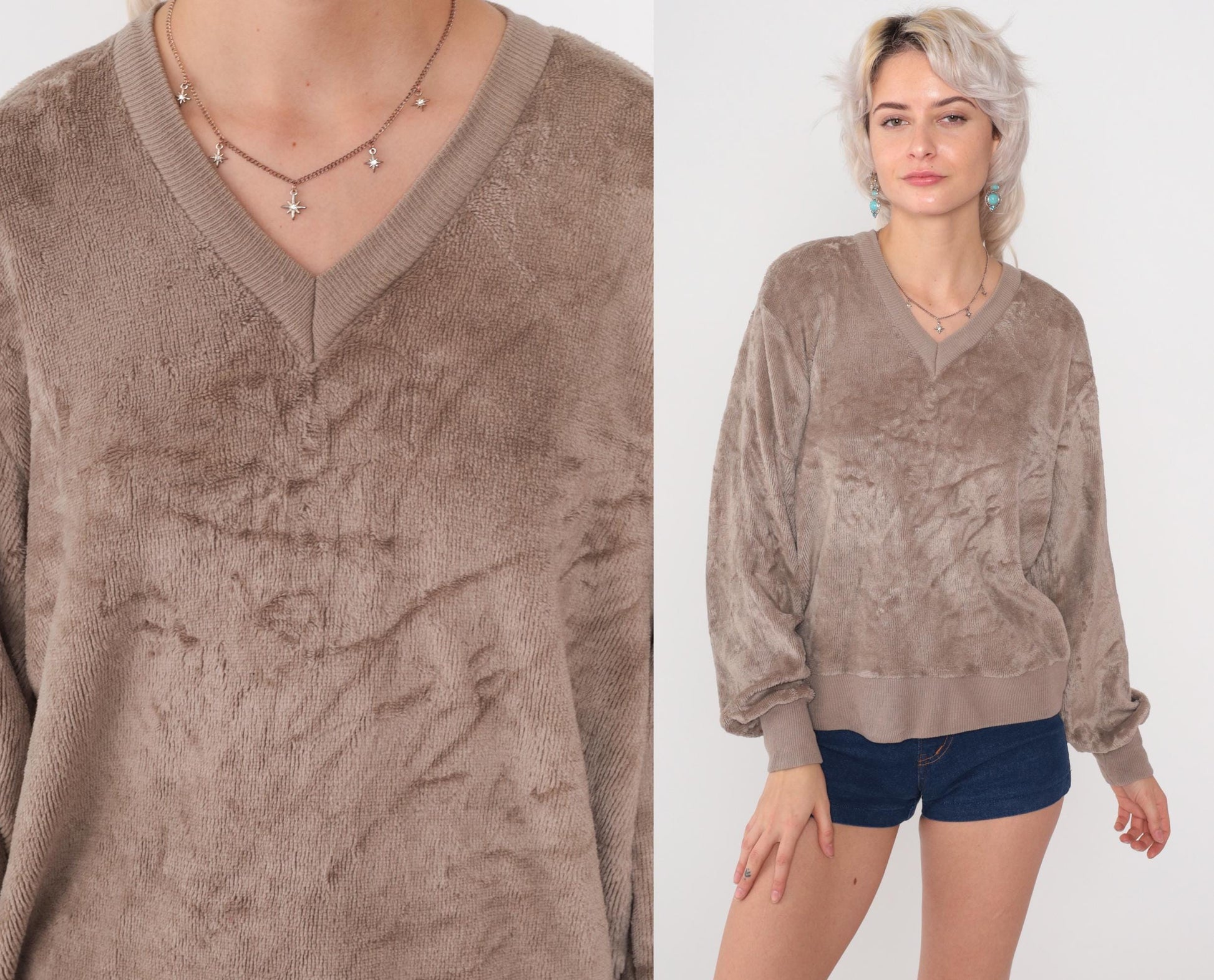 80s Taupe Terry Cloth V-Neck Sweatshirt Slouchy Drop Shoulder Medium
