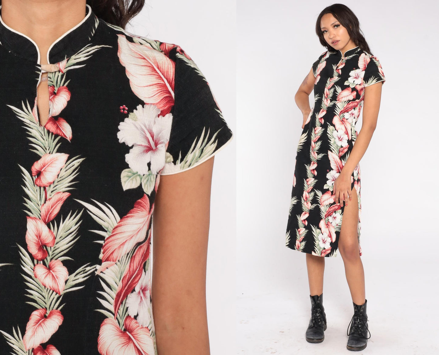 90s Young Hawaii Black Hibiscus Mandarin Collar Dress Pink Palm Small S